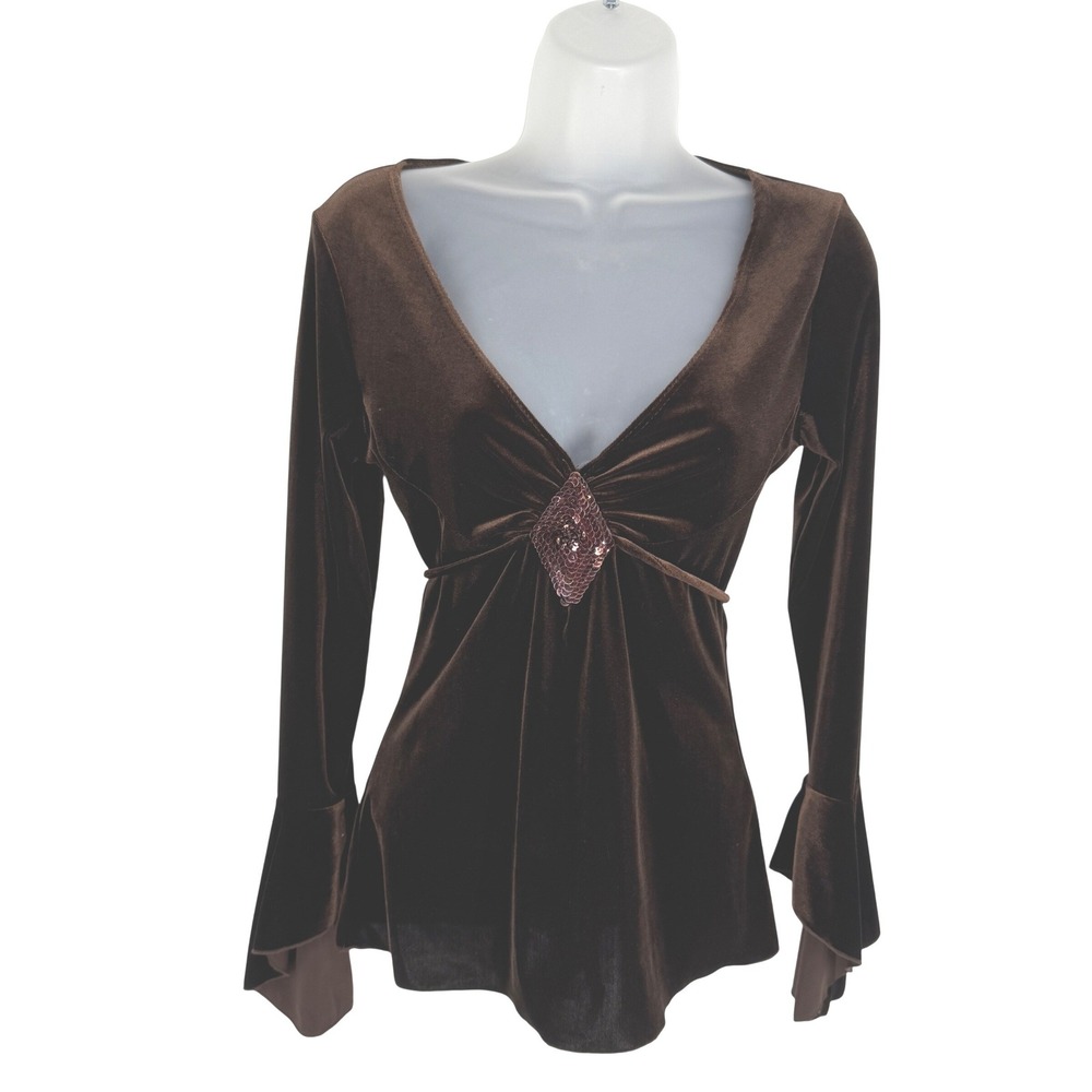 Vintage Y2K Velvet Deep V Neck Flare Sleeve Sequin Empire Waist Top Small Brown